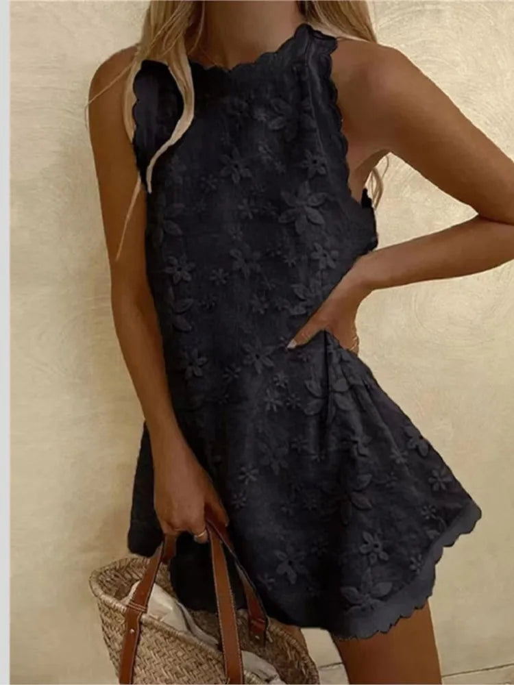 Crochet Hollow-Out Sleeveless Loose A-Line Mini Dress – Mock Neck, Solid, Summer Luxegan