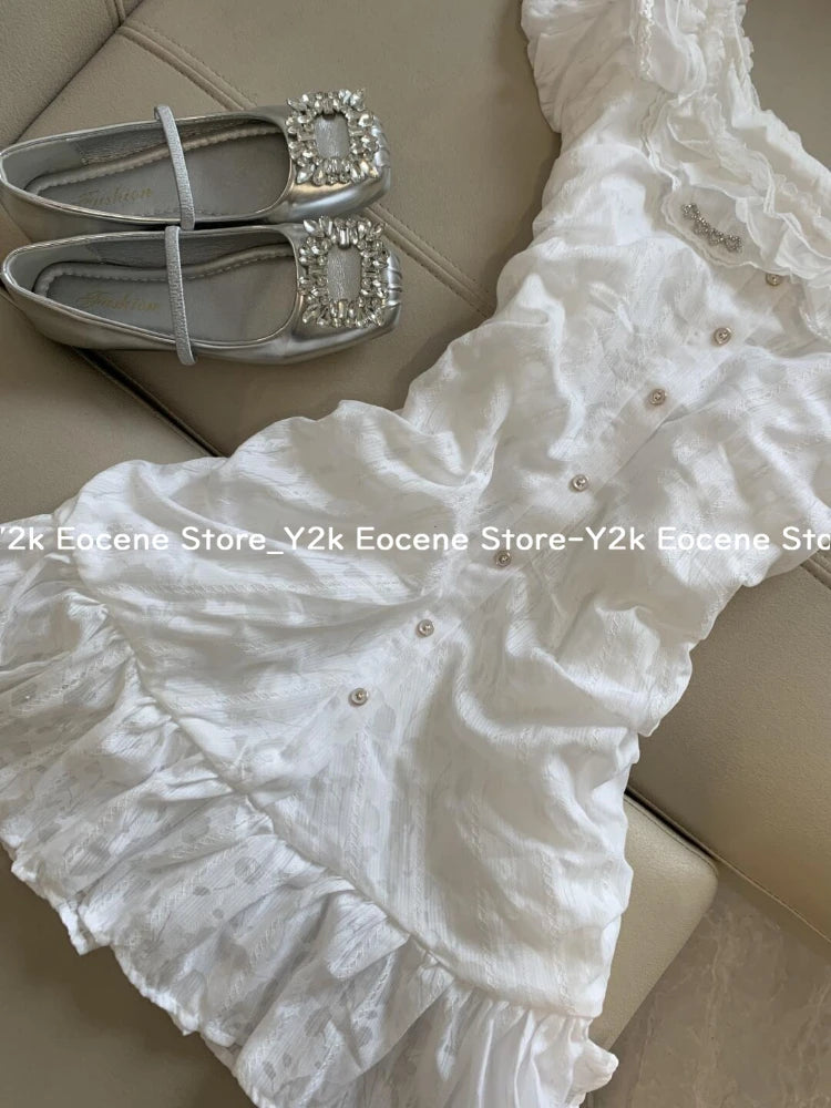Sweet Lace Off-Shoulder Mini Dress | Elegant Ruched White College-Style Sundress | Spring/Summer Slight Stretch A-Line Camisole Luxegan