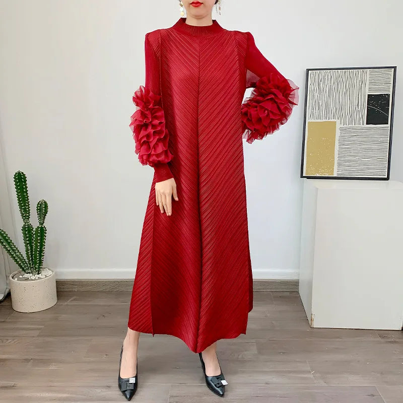 Solid Round Neck Long Sleeve Knotted Flower Trim Loose Fit Mid-Calf Dress – Natural Waist, Summer Luxegan