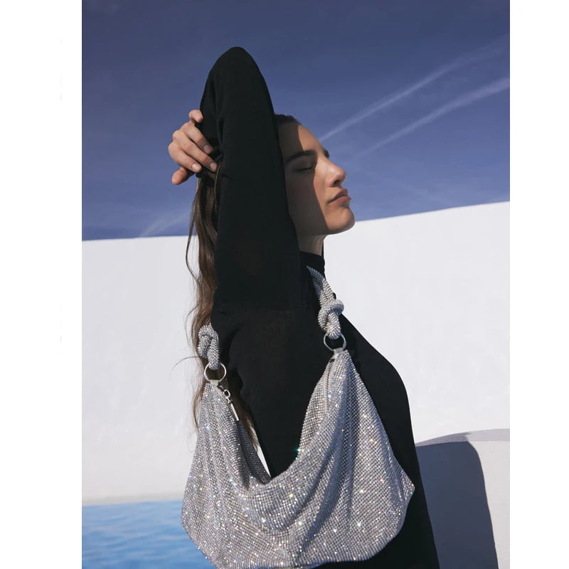 Luxury Designer Rhinestone Hobo Bag | Handmade Shining Crystal Evening Clutch | Metallic Silver Statement