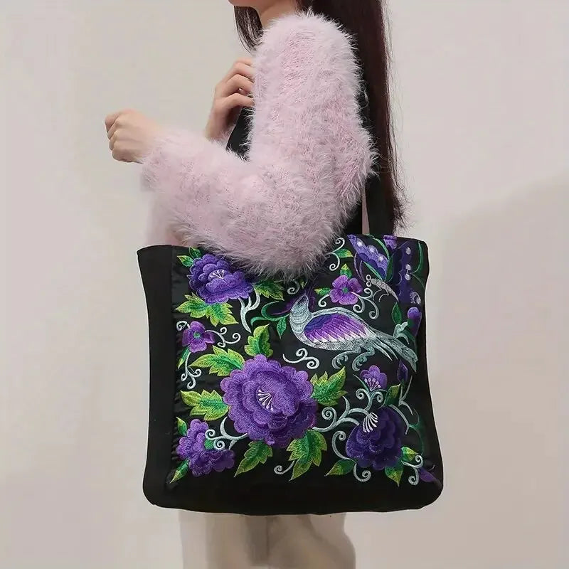 Ethnic Style Flower Embroidery Canvas Tote | Shoulder Bag & Large Capacity Handbag Luxegan