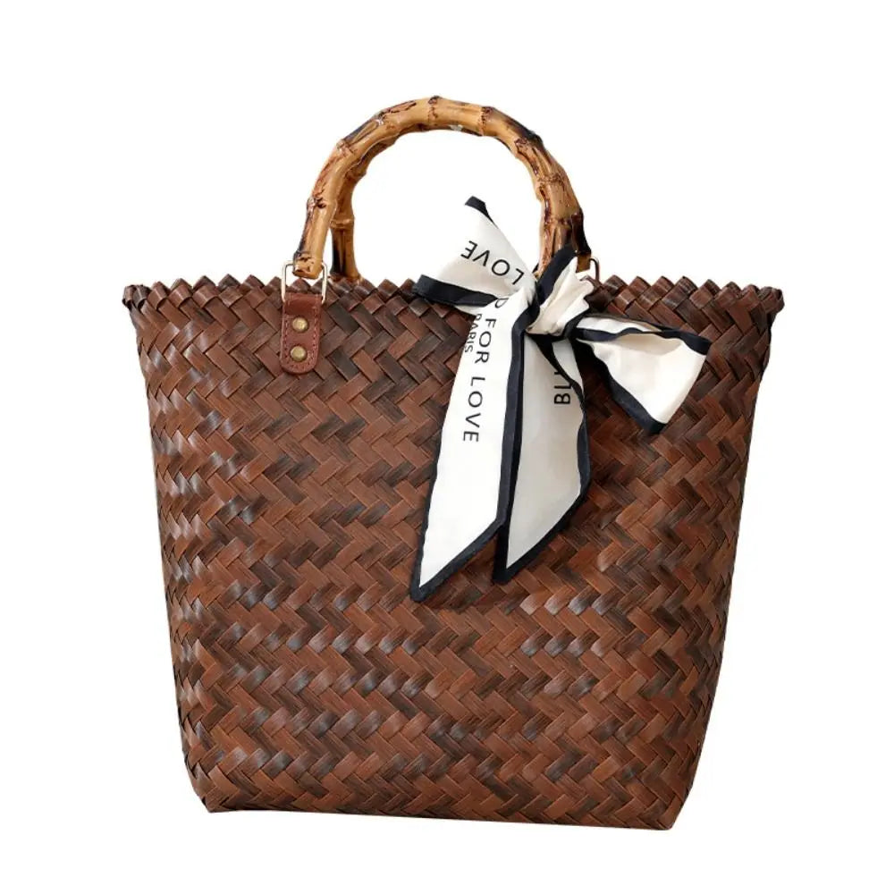 Women's Woven Large Capacity Bamboo Handle Handbags | Crochet Bag & Casual Female Shopping Tote (Vacation Beach Bag) Luxegan