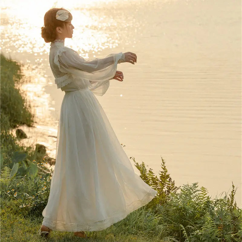 Vintage Cottage Chiffon Gatsby Dress Fairy Woman Chic Romantic Lace Lantern Sleeve Retro Princess Dresses Vestido Festa Faldas