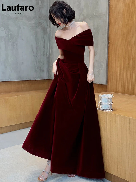 Lautaro Primavera Largo Lujo Elegante Vino Rojo Suave Terciopelo Vestidos de Noche de Fiesta de Boda para Mujeres 2022 Vestido Maxi de Hombros Descubiertos