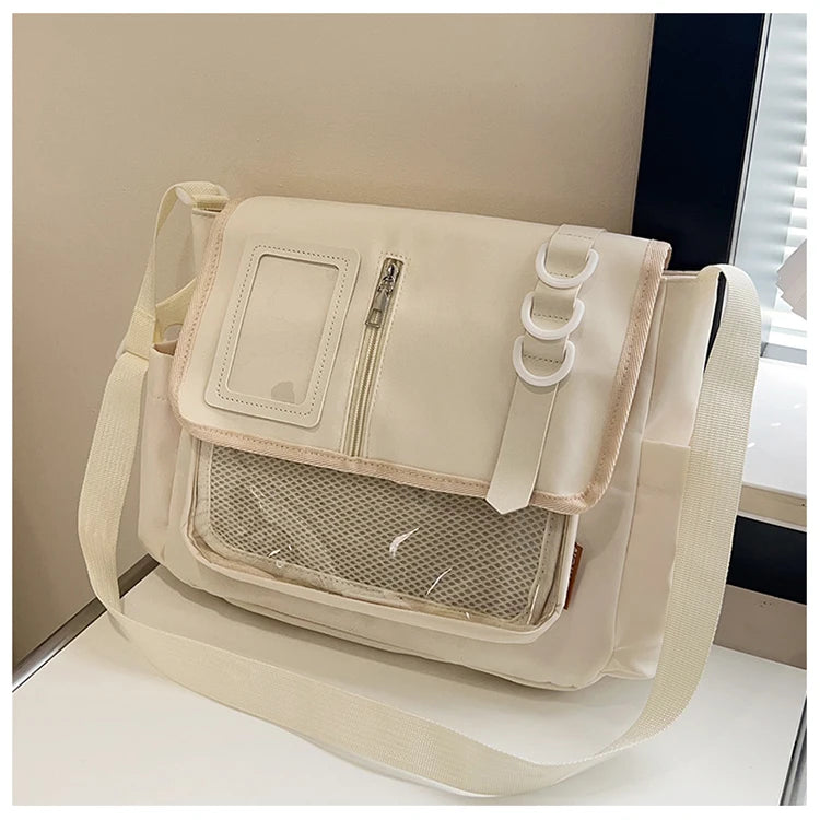 New Y2K Japanese Harajuku School Bag | Transparent Crossbody Ita Bag for Girls | DIY Badges Display Plate Shoulder Satchel Luxegan