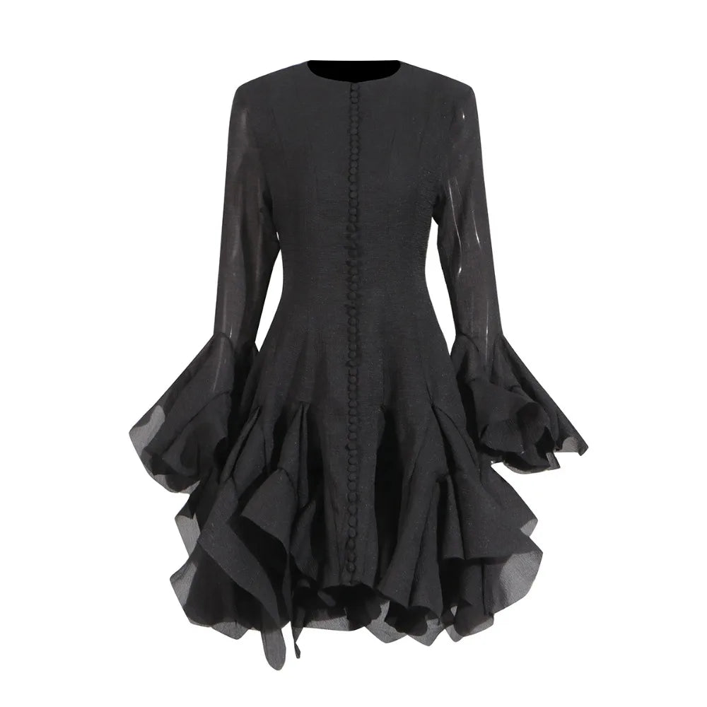 Patchwork Ruffle Butterfly Sleeve Midi Dress | Round Neck Irregular Hem High Waist Elegant Dress Luxegan