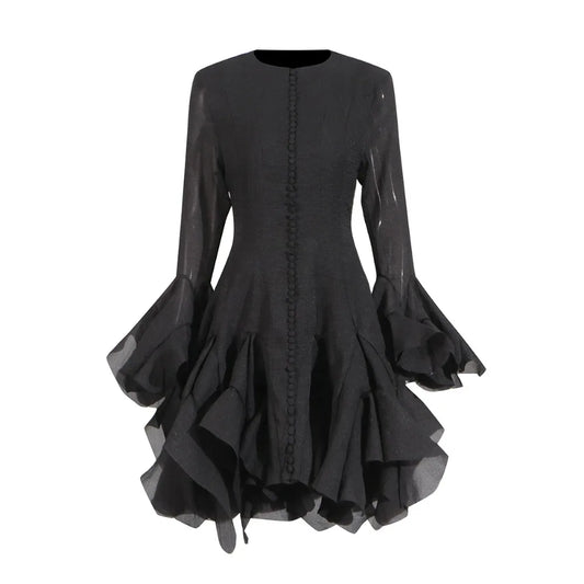 Patchwork Ruffle Butterfly Sleeve Midi Dress | Round Neck Irregular Hem High Waist Elegant Dress Luxegan