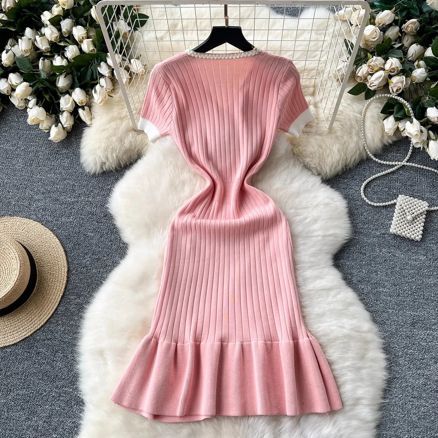 Women's Elegant Ribbed Knitted Mermaid Dress | Slim Fit V-Neck Button Sweater Dress | Office Lady Medium Stretch Bodycon Gown | Premium Short-Sleeve Mini Trumpet Vestido Model OU2403 Luxegan