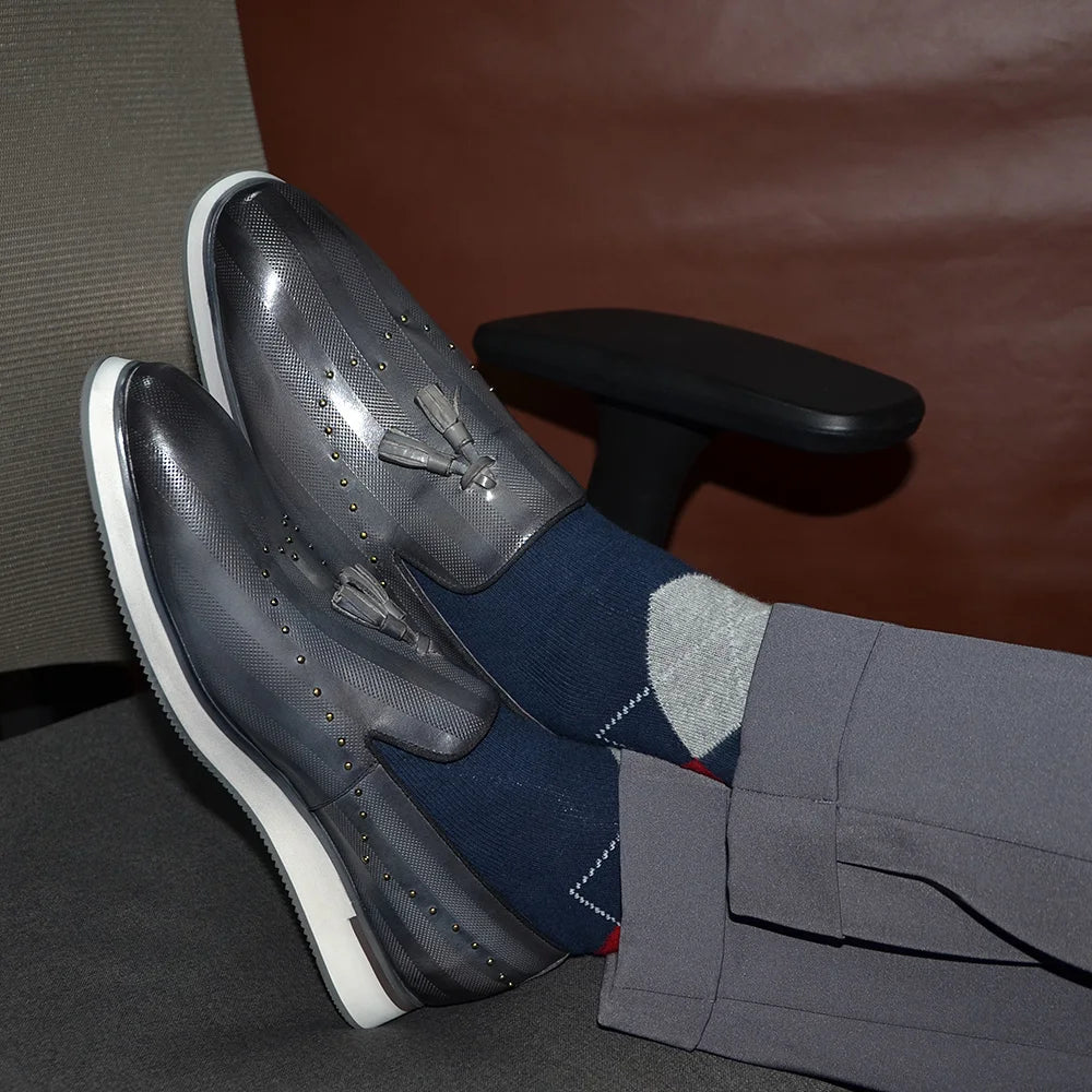 Classic European Gray Genuine Leather Loafers | Sophisticated Rivet & Tassel Accents | Elegant "Genuine Cow Leather" Silhouette | "Dignified" Sheepskin Insole & Non-Slip Rubber for Radiant Versatile Styling Luxegan