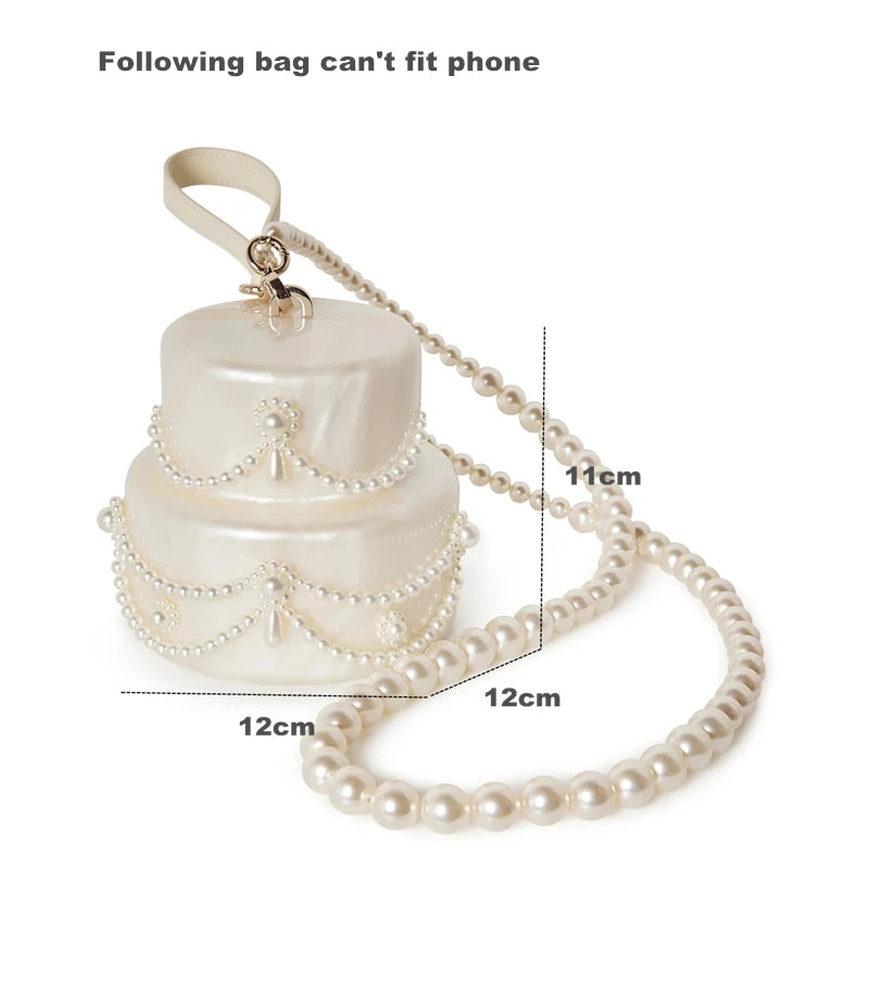 Whimsical Cake-Shaped Evening Clutch | Luxury Pearl-Colored Acrylic Dinner Purse | Fashionable Beaded Box Handbag | Unique Party Statement Bag with Floral Appliques Luxegan