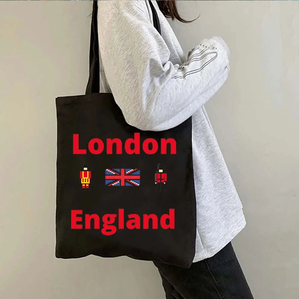 London Big Ben England Map Flag Canvas Tote Bag | UK City Landscape Skyline Shoulder Shopping Handbag (Women's Tourist Gift) Luxegan