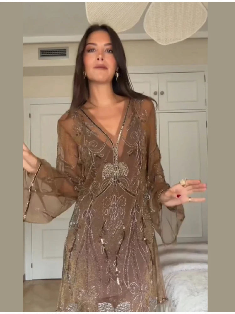 Women's Vintage Sequin Sheer Mini Dress | Chic Floral Embroidery V-Neck Party Gown | Elegant Lantern Sleeve Ruffled Hem Cocktail Dress | Premium Non-Woven Slight Stretch Regular Fit Ball Gown Luxegan