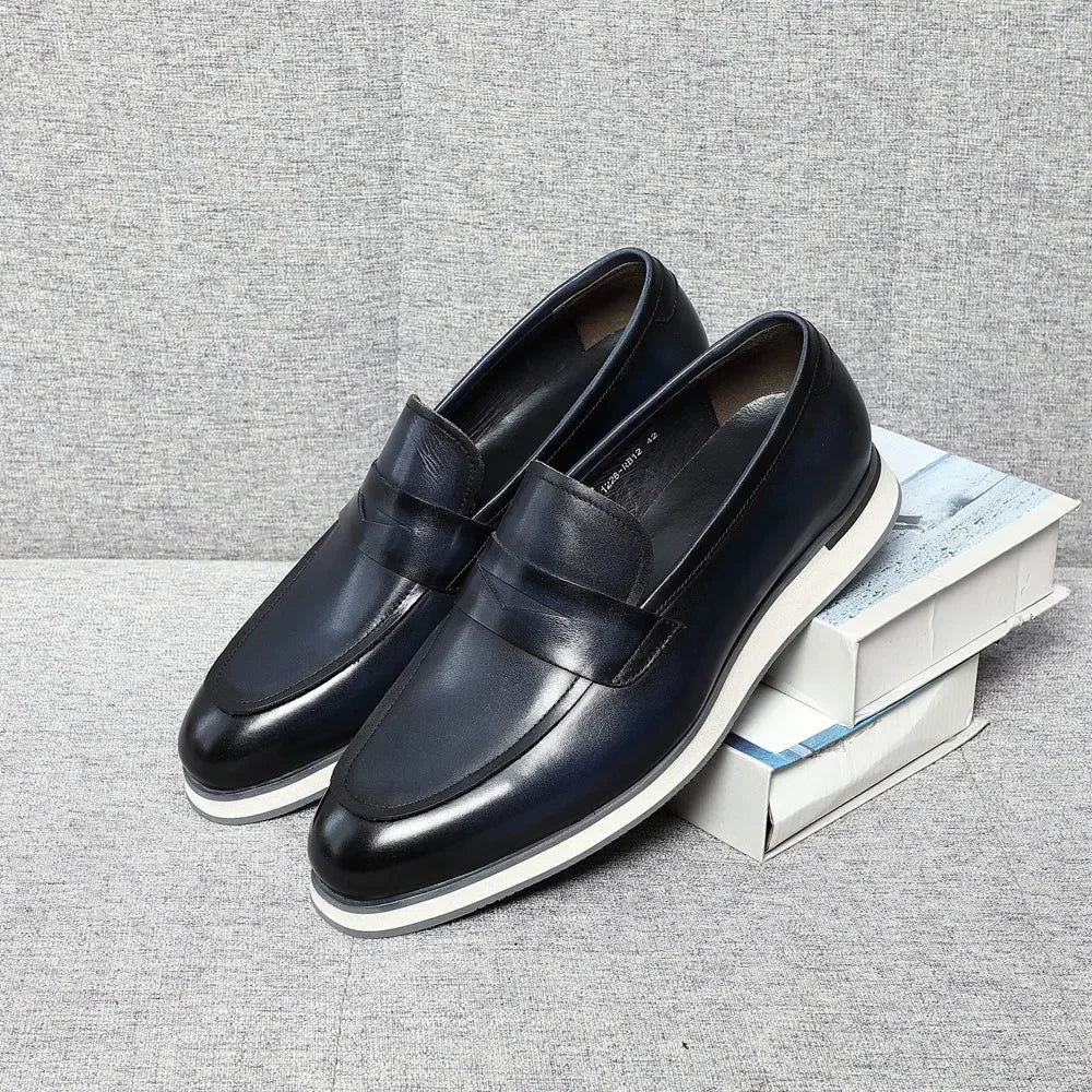 Classy Men's Genuine Cow Leather Penny Loafers | Blue & Black Casual Business Flats (Breathable) Luxegan