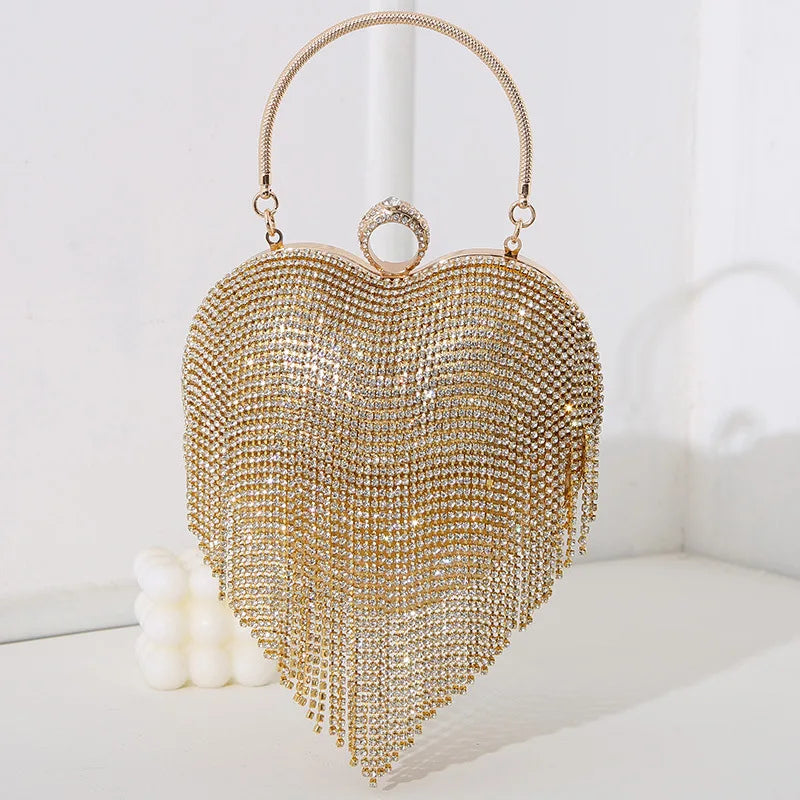 Rhinestone Evening Bag | Heart Pattern Silver Handbag & Diamond Tassel Clutch Luxegan