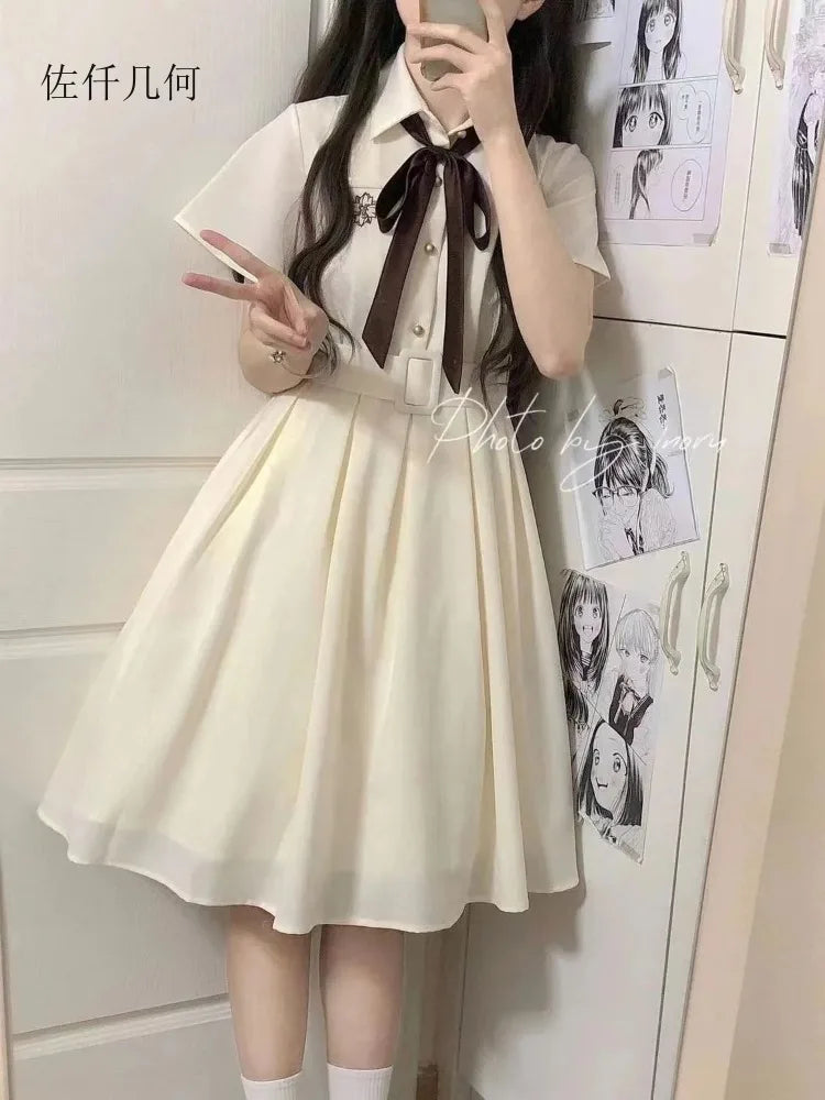 Embroidered Collar Preppy Midi Dress | Short Sleeve A-Line Empire Waist JK Dress Luxegan