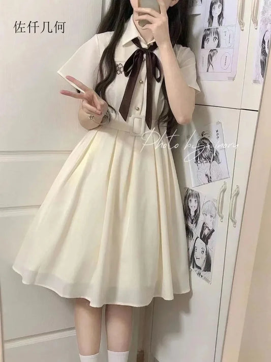 Embroidered Collar Preppy Midi Dress | Short Sleeve A-Line Empire Waist JK Dress Luxegan