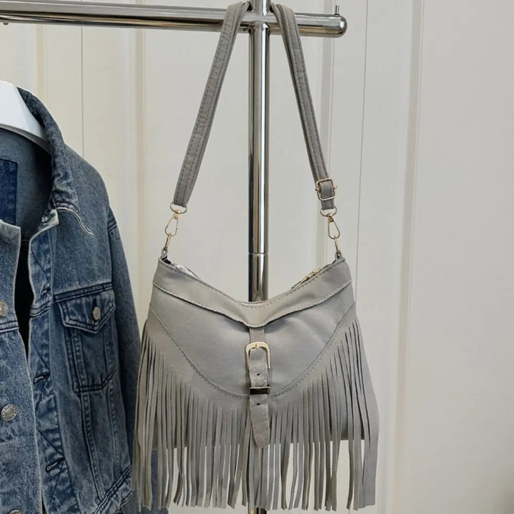 Casual Korean Tassel Shoulder Bag | Solid Color Suede & PU Leather Underarm Pack | Ethnic Bohemian Style Travel Handbag (Women) Luxegan