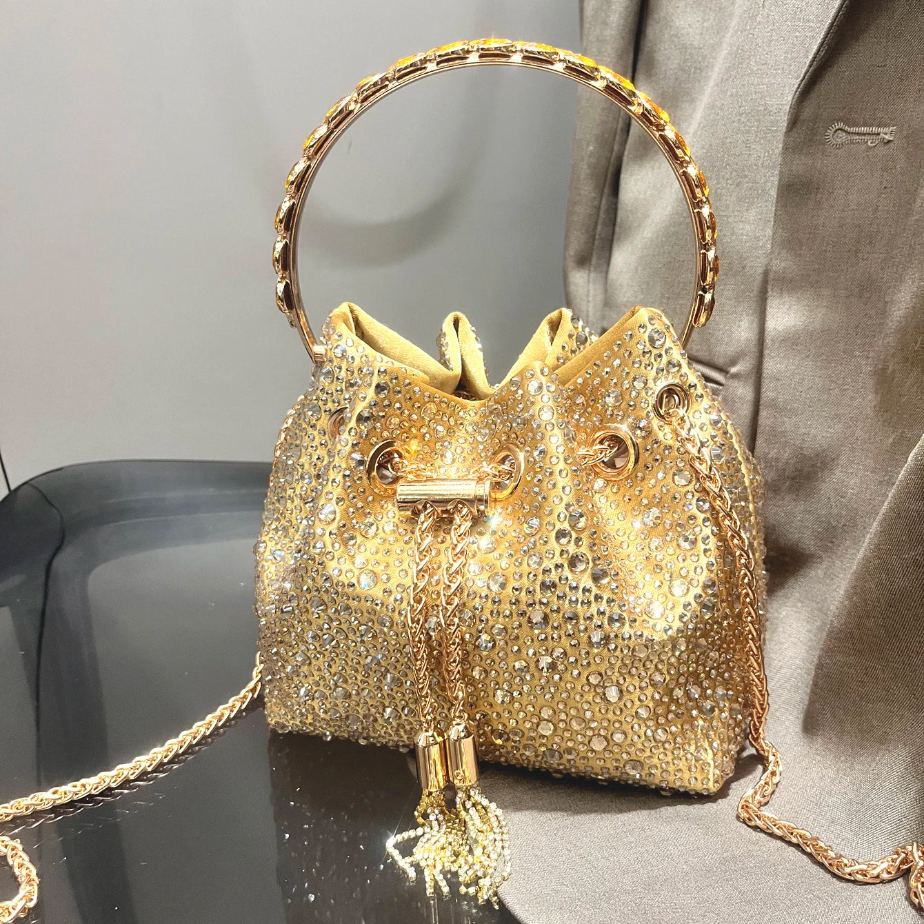 Luxury Designer Rhinestone Evening Clutch | Shiny Crystal Bucket Handbag & Fashion Shoulder Bag Luxegan