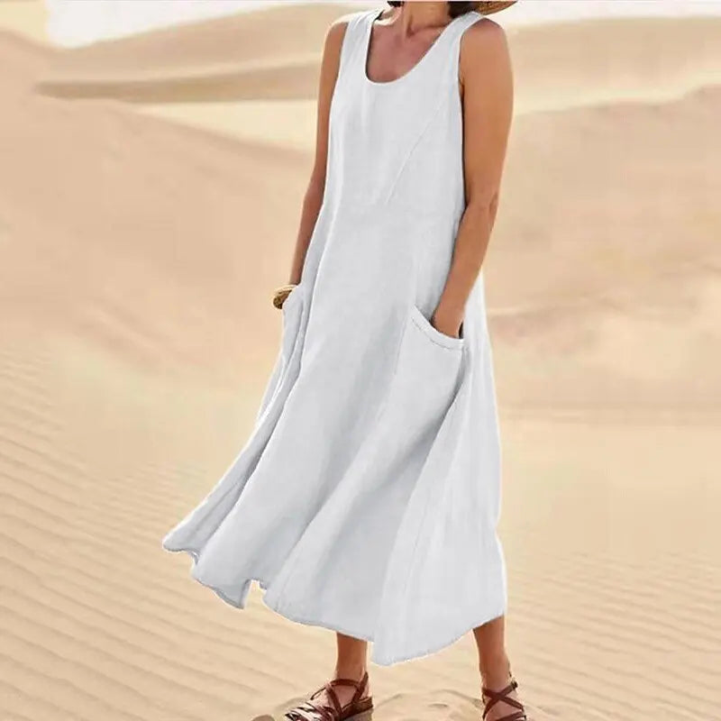 Women's Casual Cotton Linen Sundress | Summer Sleeveless Loose Sand Beachwear Maxi Dress | Elegant Double Big Pocket Oversized Long Dress | Premium High Stretch Regular Fit O-Neck Vestido Model LRFZ-818 Luxegan