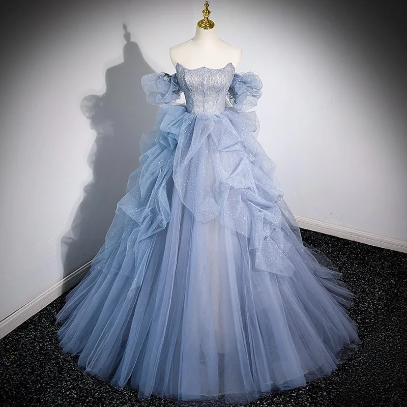 Women's Amazing Ready-to-Wear Prom Dress | Extra Fluffy Long Gala Gown | Elegant Strapless Lace Party Dress for Photo Shoots | Premium Tatting All-Season Ball Gown Luxegan