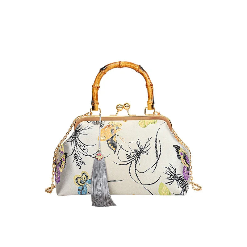 Luxury Embroidery Vintage Evening Bag | Wedding Style Floral Handbag with Tassel Design | National Fashion Shoulder & Crossbody Bag with Bamboo Fiber Lining Luxegan