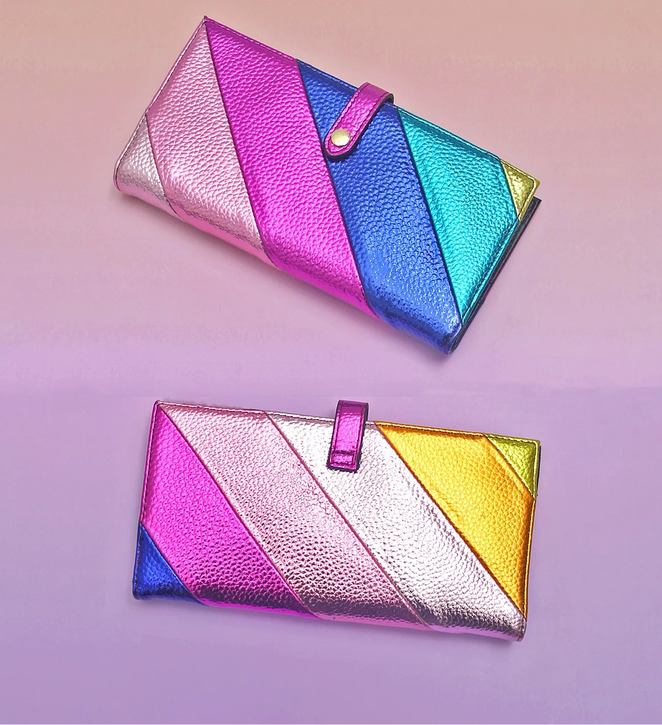 Women’s Fashion Metallic Vegan Leather Wallet | Multicolor Stripe Patchwork Long Purse | Bifold Standard Moneybag with Card Slots & Zipper Coin Pocket Luxegan