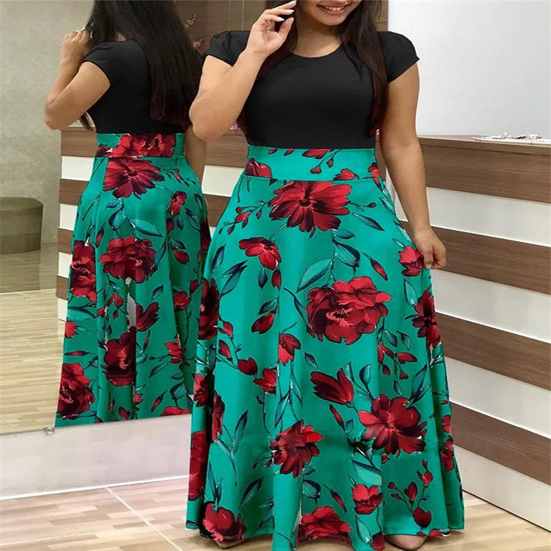 Print Round Neck Regular Fit Straight Ankle-Length Dress – Short & Long Sleeve Options, Spring/Summer