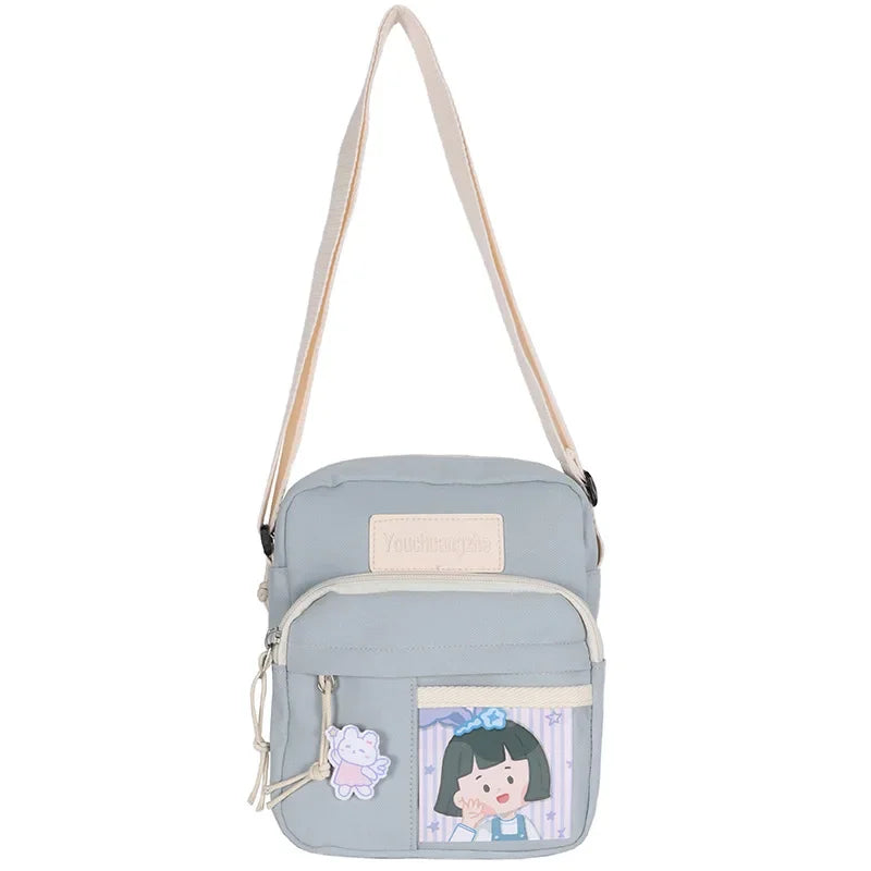 Cute Clear Kawaii Canvas Bag | Harajuku Cartoon Messenger Bag for Girls | Sophisticated Small Patchwork Shoulder Pouch | Fashion-Forward Nylon Cellphone Purse with Silt Pocket Luxegan