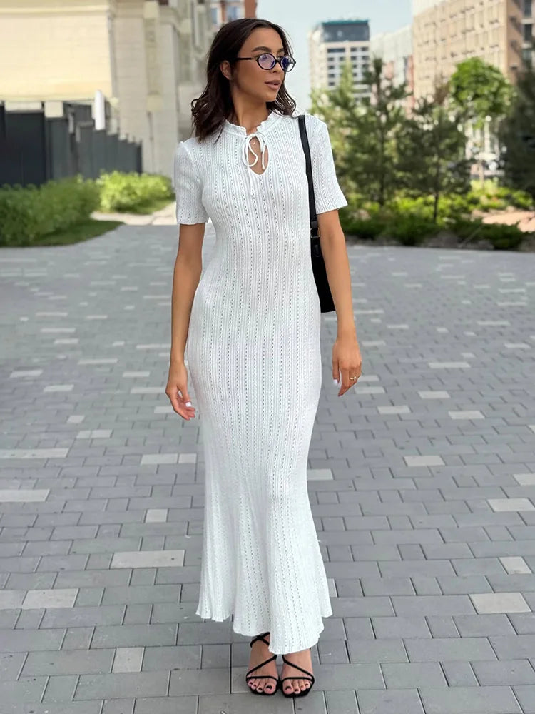 Solid Stand Collar Short Sleeve Slim Fit A-Line Knit Dress – Natural Waist, Summer | Short & Long