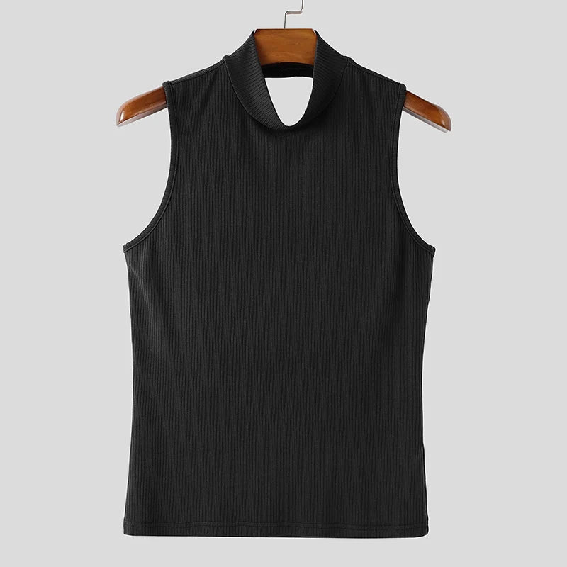 INCERUN Men Tank Tops Knitted Solid Color Turtleneck Sleeveless Male Vests Streetwear Hollow Out Backless Fashion Men Clothing