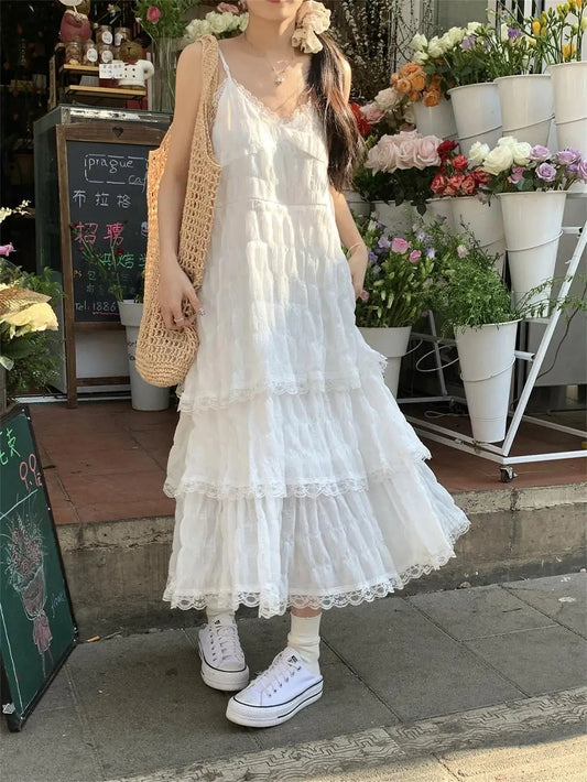 Women's Summer Befree Long Vintage Dress | Elegant Ruffle Lace Party Gown | Sexy Silky Beach Maxi Strap Camis Dress | Premium High Stretch Regular Fit Ball Gown Luxegan