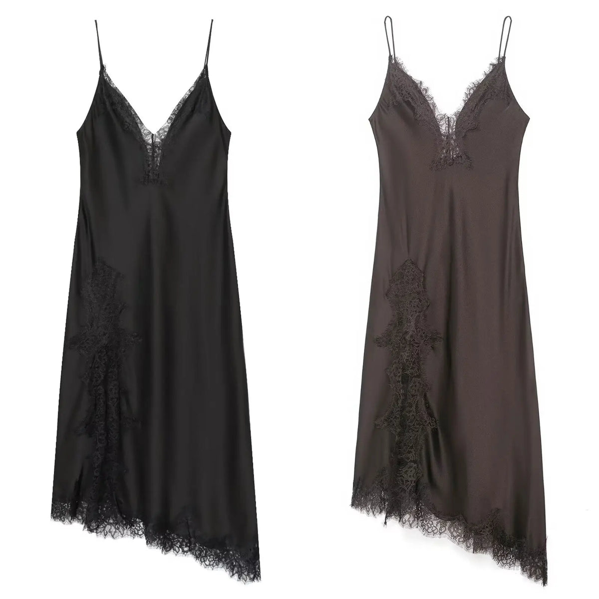 Solid V-Neck Strap Sleeveless Lace Detail Slim Fit Asymmetrical Ankle-Length Dress – Natural Waist, Summer Luxegan