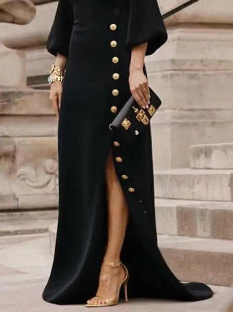 Buttoned Mock Neck Loose Maxi Dress – Three-Quarter Sleeve, Side Slit, Autumn/Winter Luxegan