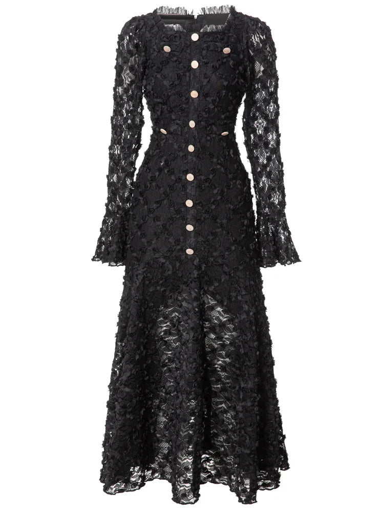Solid High Street Square Neck Long Sleeve Slim A-Line Mid-Calf Dress – Cotton and Polyester, All Season Luxegan