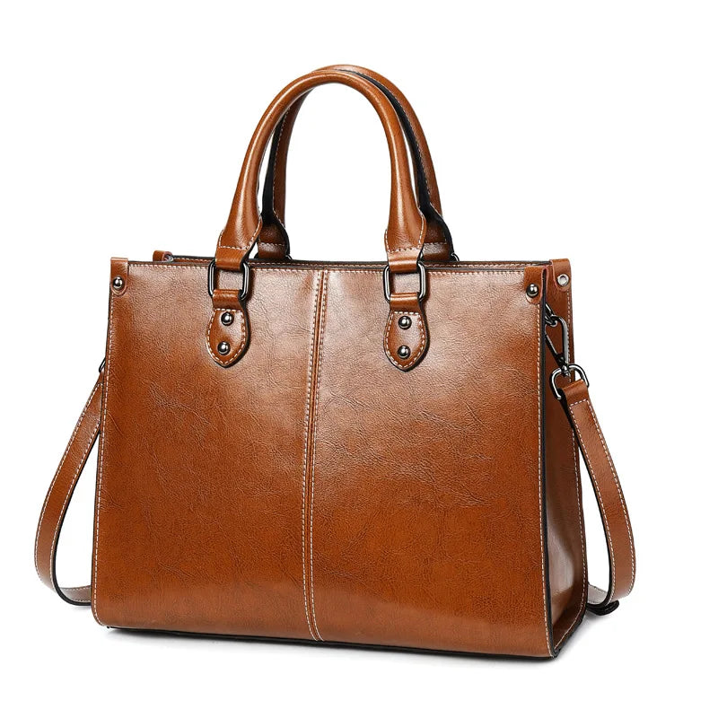 Genuine Leather Crossbody Shoulder Tote | Sophisticated Real Cowhide Fashion Handbag | Elegant Office Top-Handle Messenger | "Dignified" Soft Leather Box Bag for Versatile Professional Styling Luxegan