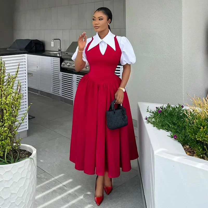 Turn-Down Collar Puff Sleeve Ruched Pleated Ball Gown Maxi Dress | High Waist Knit Swing Streetwear Dress Luxegan