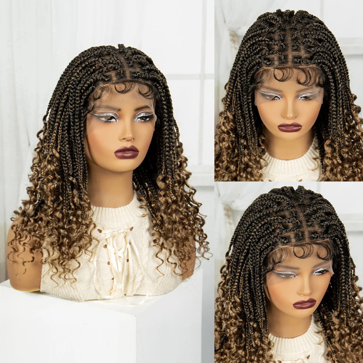 Full Lace Braided Lace Wigs Synthetic Knotless Box Braided Lace Wig with Curly Ends for Black Women Kinky Curly Braided Bob Wig Luxegan