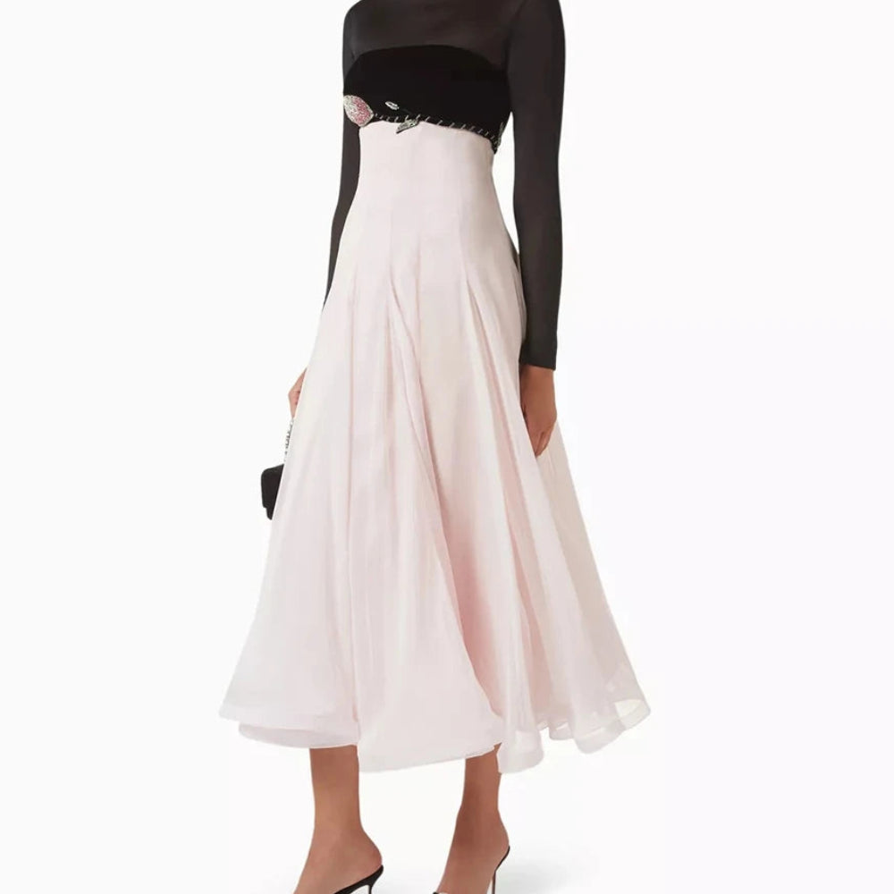 Floral Crystal A-Line Prom Dress | Boat Neck Full Sleeve Tea-Length Evening Gown Luxegan