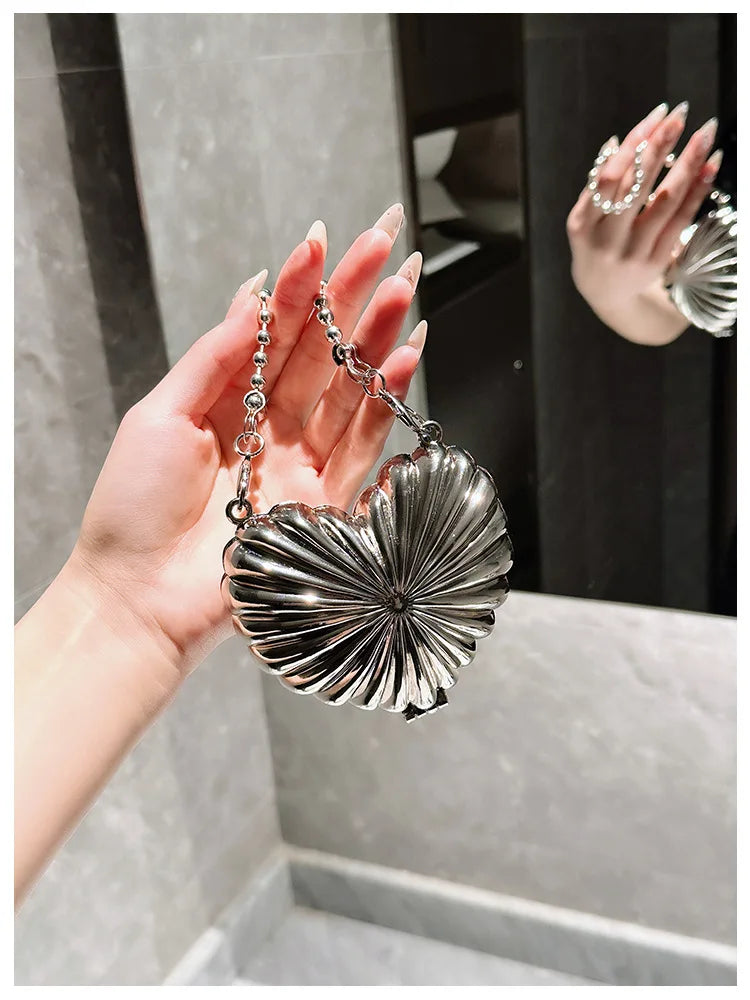 Metallic Heart Shell Minaudiere | Hard Golden/Silver Designer Evening Clutch Luxegan