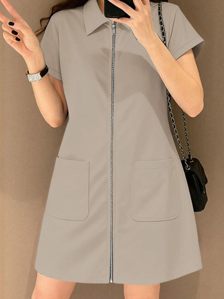 Lapel Collar Shirt Mini Dress | Short Sleeve A-Line Shirtdress with Pockets Luxegan