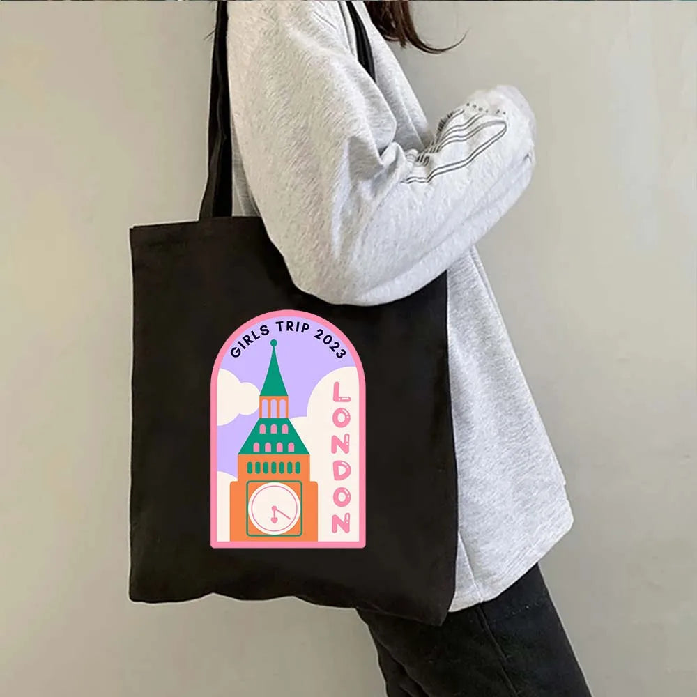 London Big Ben England Map Flag Canvas Tote Bag | UK City Landscape Skyline Shoulder Shopping Handbag (Women's Tourist Gift) Luxegan