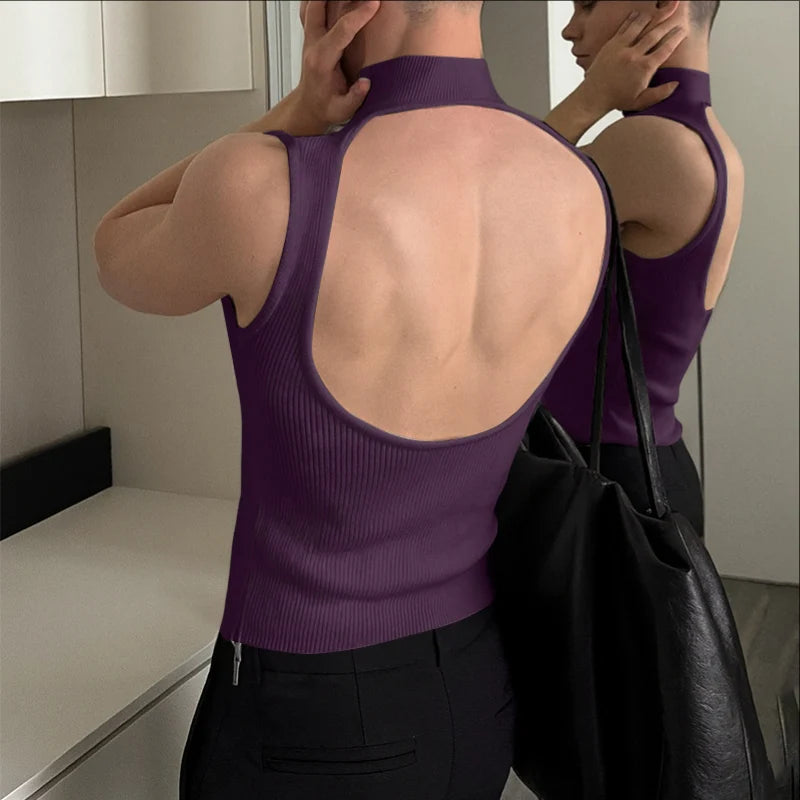 INCERUN Men Tank Tops Knitted Solid Color Turtleneck Sleeveless Male Vests Streetwear Hollow Out Backless Fashion Men Clothing