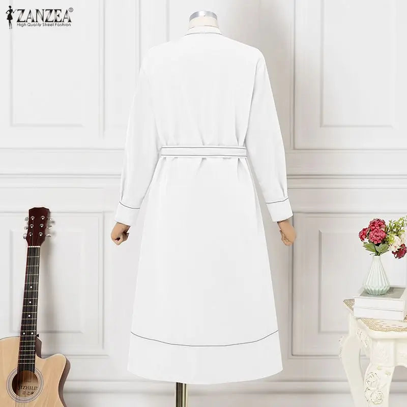 ZANZEA Fashion Long Shirt Dresses Women Elegant Streetwear Office Lady Midi Vestidos Belted Casual Autumn Long Sleeve Party Robe
