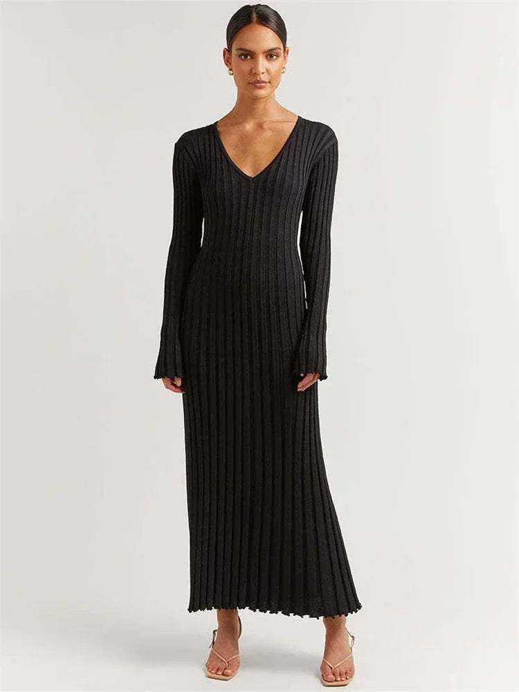 Autumn V-Neck Ribbed Knit Maxi Dress | Sophisticated High-Waist Pleated Gown | Elegant "Butterfly - view 5