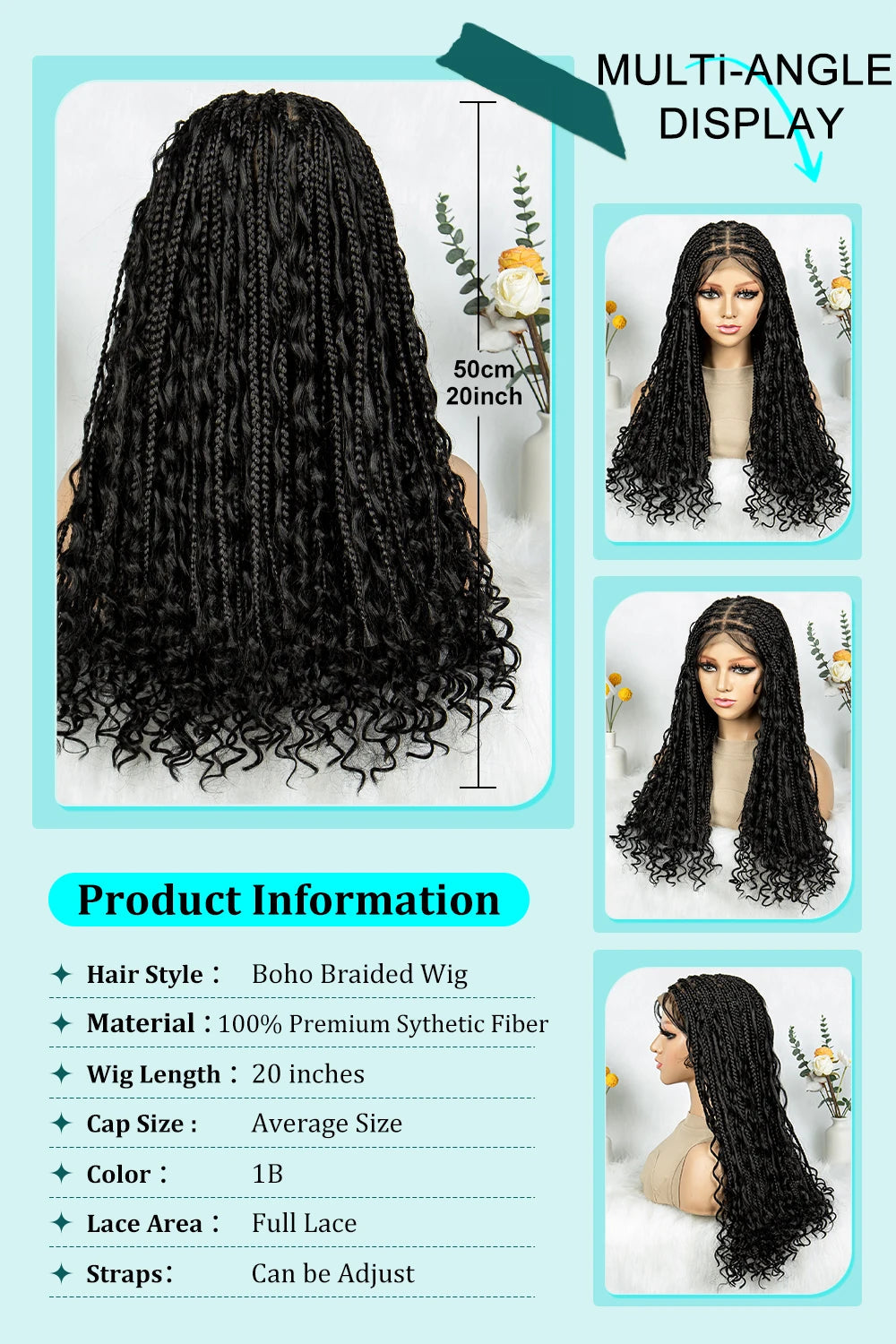 KIMA Boho Braided Wigs 20Inch Transparent Full Lace Wig Synthetic Box Braids Goddess Braided Wigs with Baby Hair for Black Women Luxegan