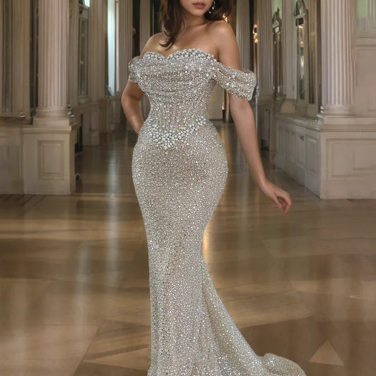 Gorgeous Pearl & Sequined Mermaid Prom Dress | Strapless Sweetheart Hollow Gown | Off-The-Shoulder Backless Floor-Length Formal Evening Gown Luxegan