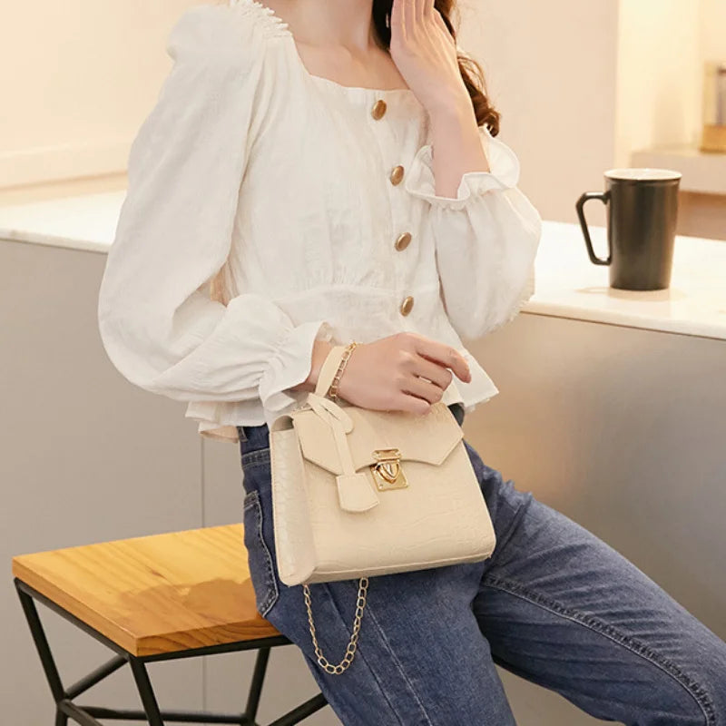 Soft PU Crocodile-Embossed Mini Satchel | Twist Lock Chain Detail Handbag Luxegan