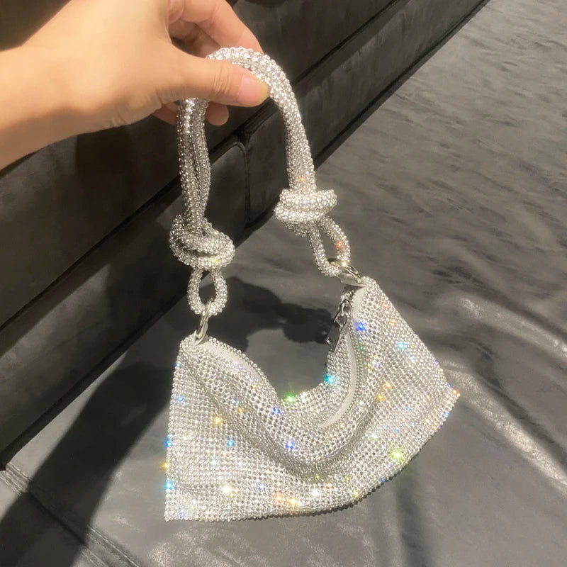 Luxury Designer Rhinestone Hobo Bag | Handmade Shining Crystal Evening Clutch | Metallic Silver - view 7
