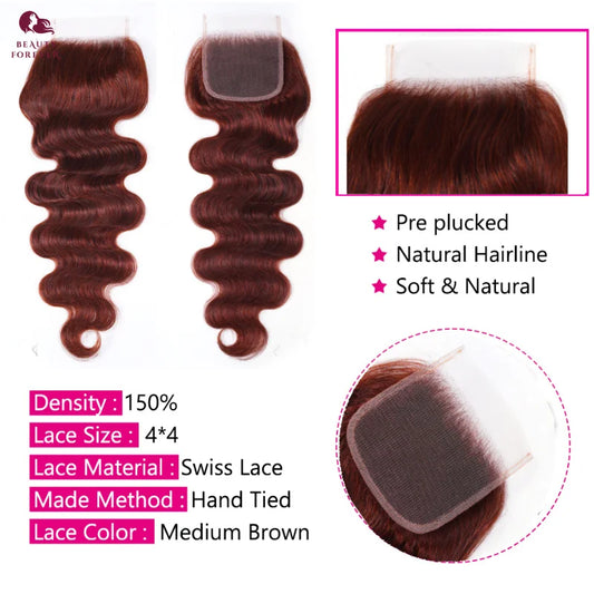 Grade 12A Reddish Brown Brazilian Body Wave Hair System | Autumn-Inspired Copper Tone 3 Bundles Pack | Professional 4x4 Transparent Lace Closure | Premium Remy Human Hair Weft Collection for Full-Volume Custom Installs Luxegan