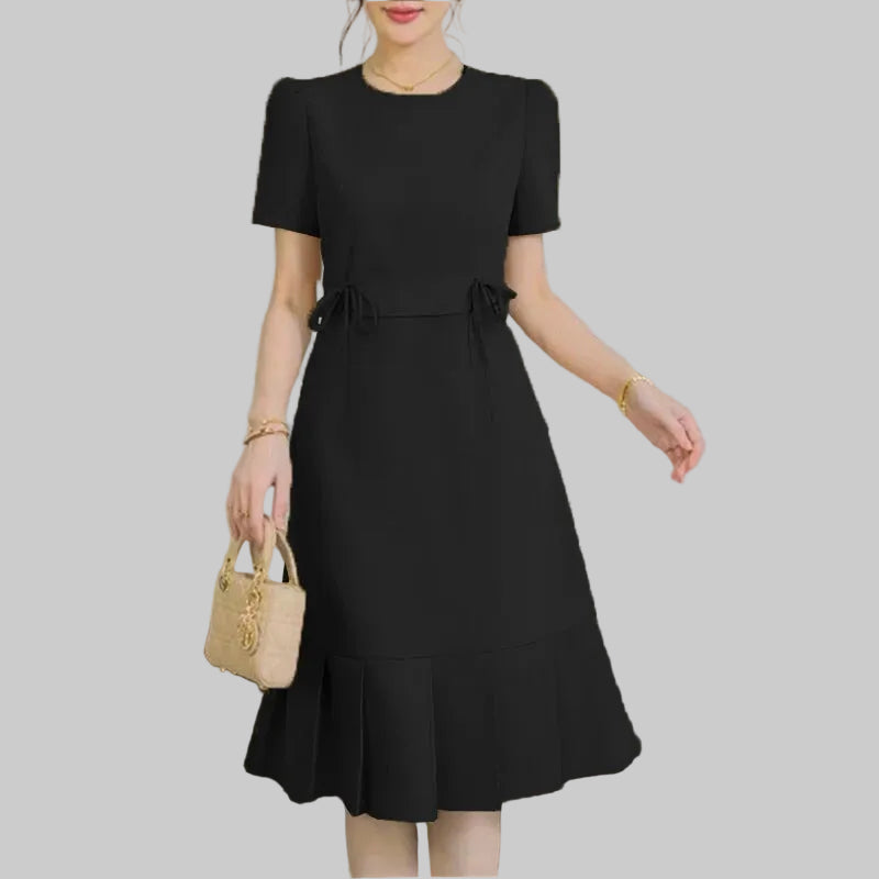 Solid Round Neck Short Puff Sleeve Regular Fit A-Line Knee-Length Dress – Natural Waist, Summer Luxegan